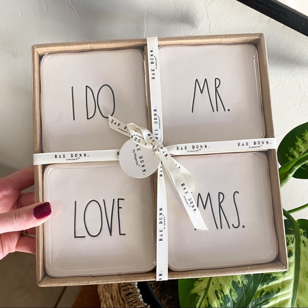 NWT Rae Dunn Mr. Mrs. I Do Set Of‎ 4 Ceramic Coasters